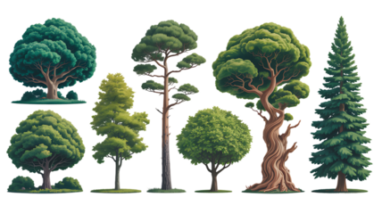 Variety of lush green trees for landscaping designs and natural elements, perfect for parks, forests, and garden scenes, creating a serene and vibrant atmosphere