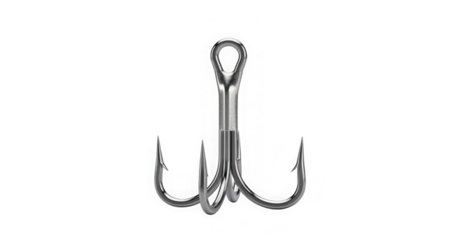 Shiny metal treble fishing hook isolated on transparent background