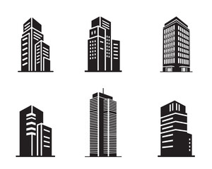 Modern city building and skyscraper icon set. Real estate office, apartment tower, and corporate architecture silhouette vector collection.