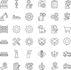 Manufacturing, logistics, industry, supply, chain, factory, shipping, cargo, tools, icons, gear, flat, vector, illustration, process, automation, delivery, packaging, transport, infrastructure