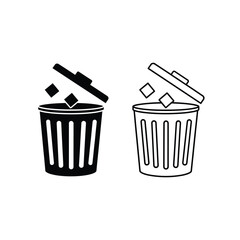 Trash can icons with lid open and trash falling in black and white