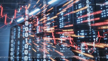 Digital financial data streams overlaying a dark urban environment with glowing red and blue lines moving across the frame - Powered by Adobe