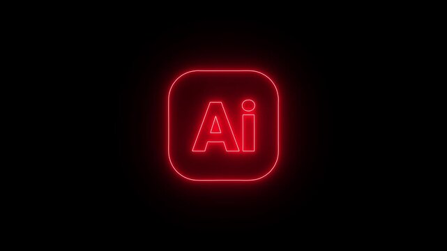 Glowing neon AI concept video  animation,Neon glowing  AI application icon displayed prominently against a solid black background, symbolizing digital design and vector graphics soft