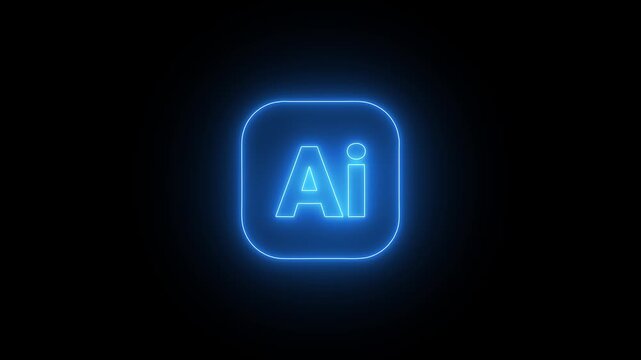 Glowing neon AI concept video  animation,Neon glowing  AI application icon displayed prominently against a solid black background, symbolizing digital design and vector graphics soft