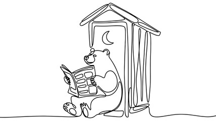 Continuous line art of a bear sitting by an outhouse while reading, creating a humorous and playful minimalist illustration for creative concepts.