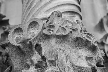 Barcelone, Spain - July 12 2025: The delicate artistic engraving sculpture work on the Nativity...