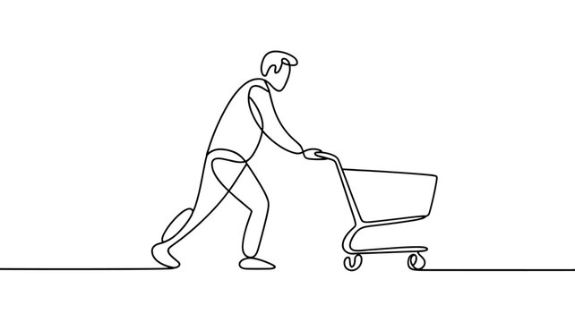 a man pushing an empty shopping cart, symbolizing shopping, retail activity, consumer behavior, and daily lifestyle.