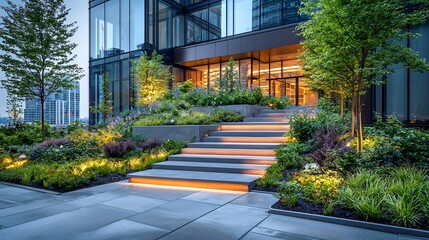 Illuminated stairs leading to a modern building entrance surrounded by lush greenery and landscaping