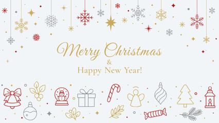 Modern Christmas and New Year greeting with colorful festive ornaments and hanging snowflakes, bright winter holiday illustration in elegant line style