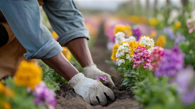 Woman in work glove planting flower in garden. Hands on soil with Spring blossom. Horticulture and gardening for new season.