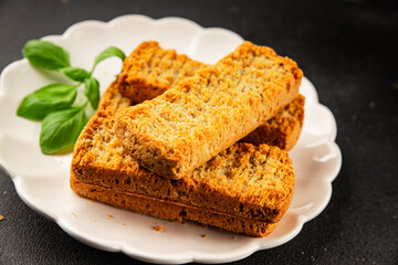 Toast bread grilletine breadcrumbs natural product tasty snack fresh delicious gourmet food background on the table rustic top view copy space