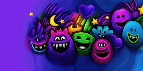 Vibrant cartoon neon colors graffiti monsters on the wall with various expressions on a purple and blue gradient background, creating a playful mood.