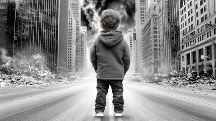 Black and white image of a child facing a destroyed urban environment, evoking loss and resilience.