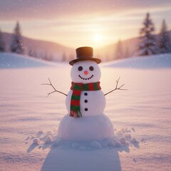Obraz premium Snowman standing in a snowy forest during the winter holidays.