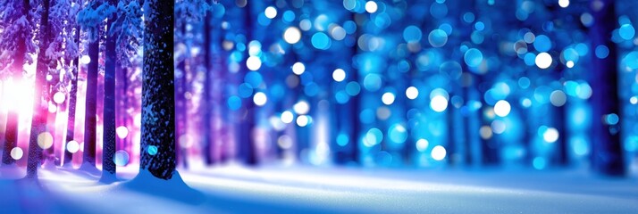 Blurred winter forest scene with colorful lights creating a magical, festive atmosphere.