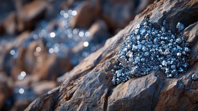 189Close-up of platinum and palladium ore in its natural rocky matrix, tiny crystalline facets reflecting ambient light, symbolizing raw rare earth materials