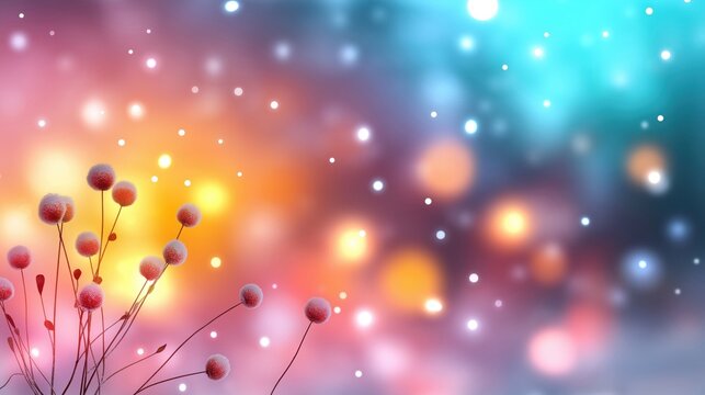 Abstract pastel background with soft bokeh lights and snowflakes, evoking a festive and dreamy atmosphere.