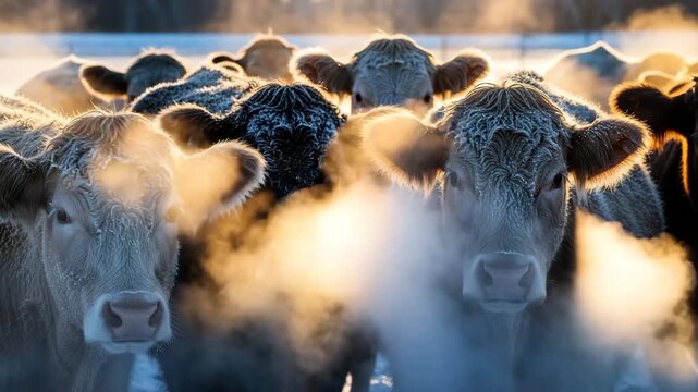 A group of cows stands in a snowy field. Their breath creates visible steam in the cold air. The scene captures a serene winter atmosphere.	