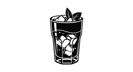A refreshing glass of iced beverage with mint garnish a bold black and white silhouette