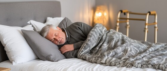 Elderly asian man resting in bed with walker nearby, showcasing the challenges of aging and health issues in an indoor environment