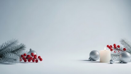 Soft focus christmas decor with snowy pine branches and red berries