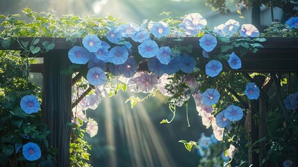 Delicate pastel-colored morning glories cascading over a wooden archway