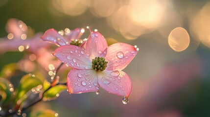 Dewdrops glistening on light pink dogwood petals