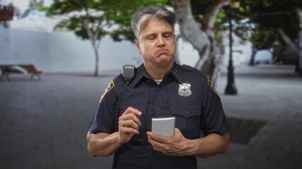 Man police officer with grey hair writing in notepad on street, holding pen and radio microphone; duty concern.