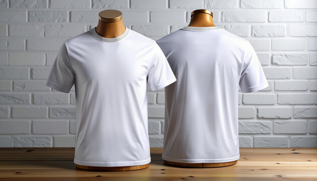 White - Mockup of two torso mannequins wearing T-shirts on a wooden table, with a white brick wall in the background
