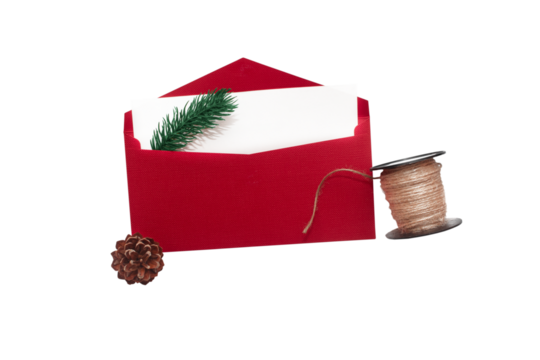 Red envelope with white card, pine branch, cone and twine, isolated on white background, festive and natural - Powered by Adobe