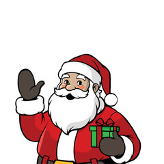 Close-up of Cheerful Santa Claus Waving and Holding a Green Gift Box, Flat Cartoon Vector Illustration Isolated on a White Background, Holiday Mascot.