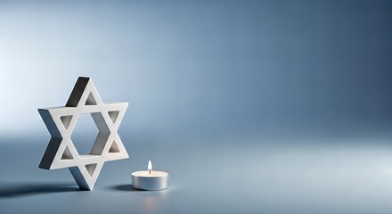 Star of David symbol in white wood, accompanied by a lit candle on a soft blue background, representing Jewish faith and spirituality with serene ambiance and meaningful religious significance