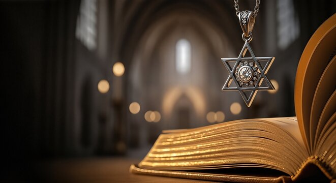 Star of David pendant resting on an open Torah book, illuminated by soft candlelight in a serene synagogue interior, symbolizing Jewish faith and spirituality