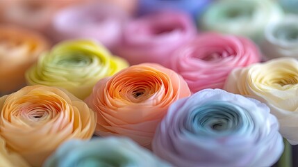 Rows of multicolored ranunculus flowers planted in neat formations