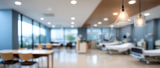 Blurred view of a modern empty hospital room with beds, medical equipment, and a calming color scheme creating a peaceful atmosphere