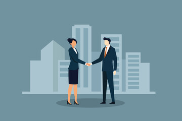 Business Handshake Deal Partnership Agreement Against City Skyline | Corporate Vector Illustration