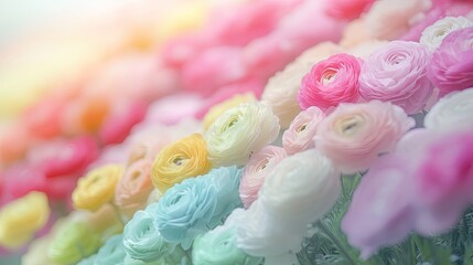 Rows of multicolored ranunculus flowers planted in neat formations