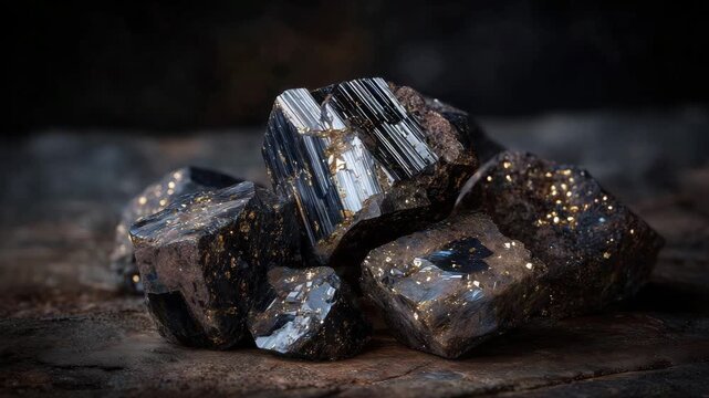 197Artistic composition of rough ore clusters with shiny crystal facets, dark textured surface providing depth, symbolizing critical materials before industrial refinement