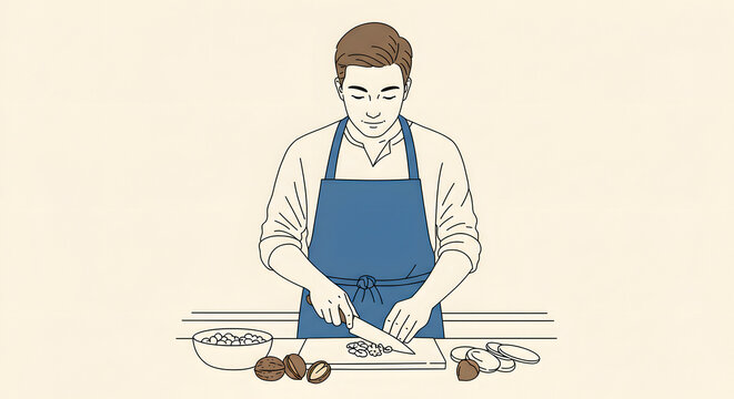 Illustration of a man in an apron chopping nuts on a cutting board, preparing food