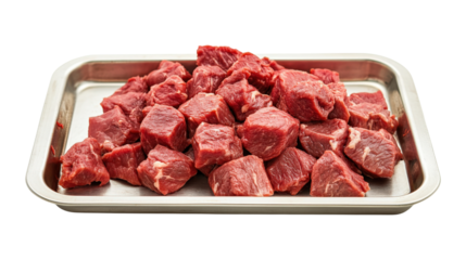 Diced Beef Cubes in Metal Tray isolated on a transparent background