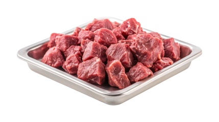 Diced raw beef in metal tray isolated on a transparent background