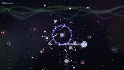 Science fiction scene featuring a digital universe with glowing particles and cosmic shapes floating in space - Powered by Adobe