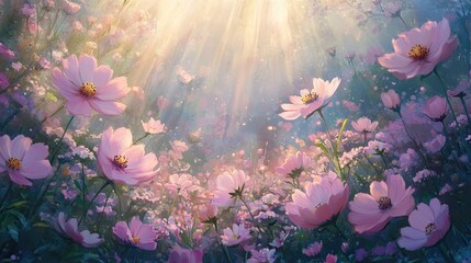 Sunset over a garden filled with pastel pink cosmos flowers