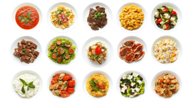 Fifteen dishes of food arranged in a grid isolated on a transparent background
