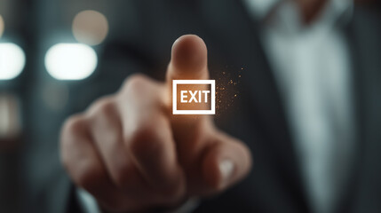 A hand points towards a glowing EXIT sign, symbolizing departure and transition, set against a blurred background that enhances focus.