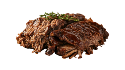 Pulled beef roast with herbs isolated on a transparent background