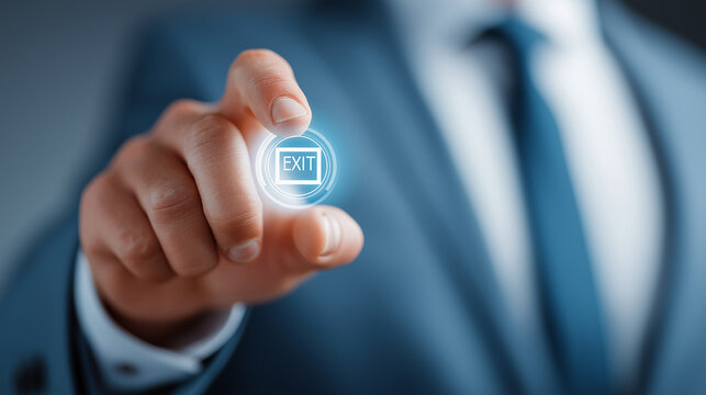 A businessman in a suit is about to press a digital EXIT button with a glowing effect, symbolizing a decision or transition.
