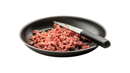 Raw Ground Meat in Frying Pan isolated on a transparent background