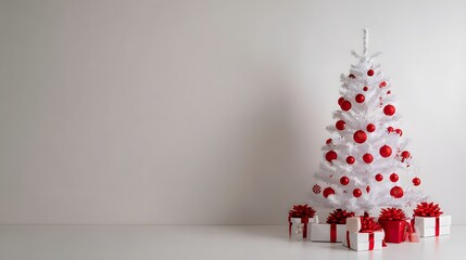Festive white Christmas tree adorned with red baubles presents a serene holiday scene with ample space