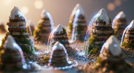 Magical mountain landscape with cascading water and glowing particles